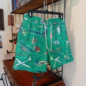 POLO Ralph Lauren Mens Classic Traveler Green Swim Trunk in Hawaiian Print EUC